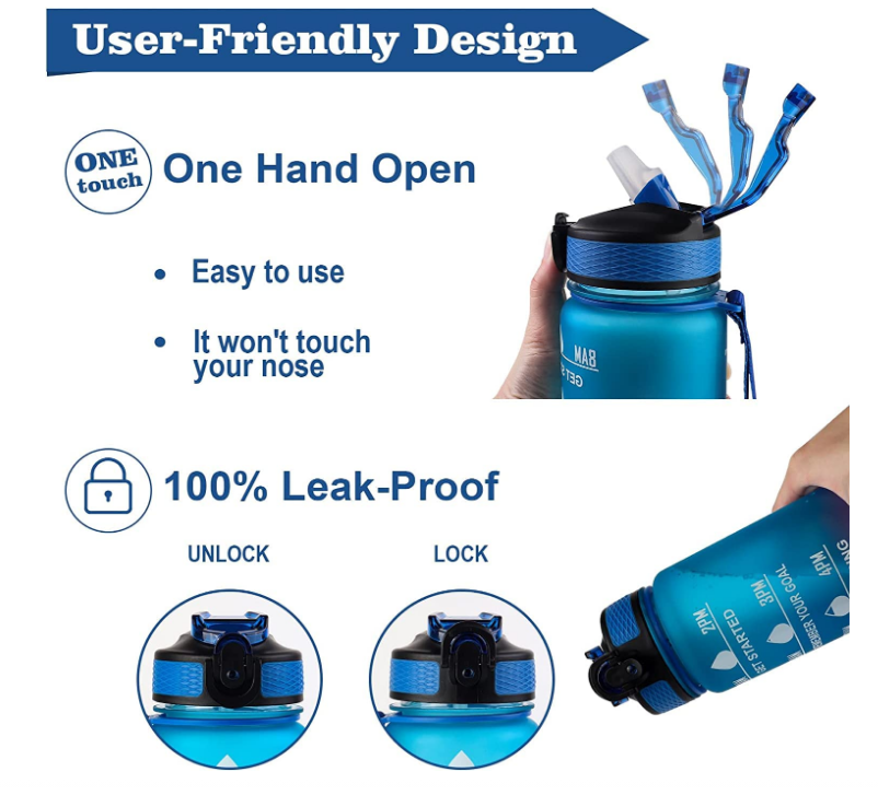 Nuvato 1L Motivational Water Bottle with Straw & Time Marker