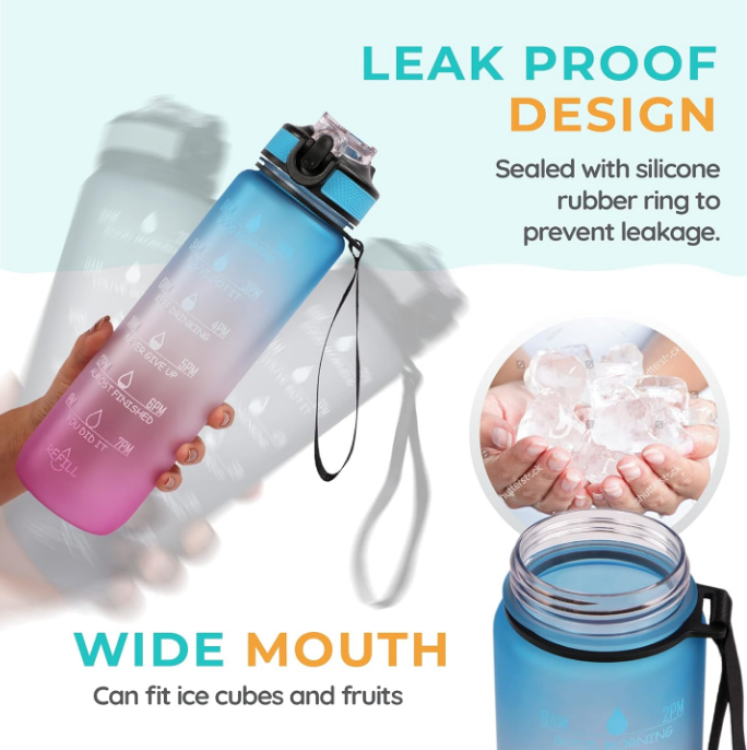 Nuvato 1L Motivational Water Bottle with Straw & Time Marker
